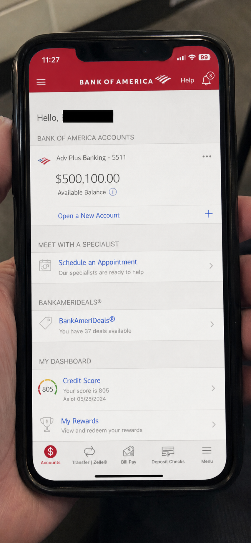 Bank account showing benefit deposit